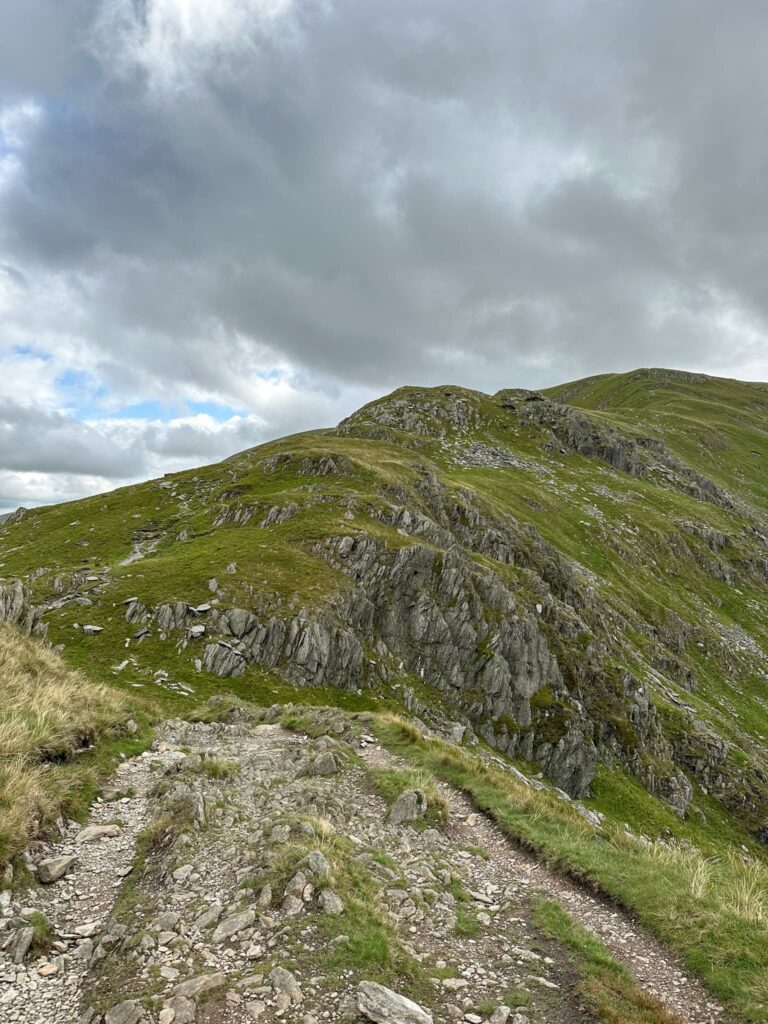 A mountain view, with a path leading off