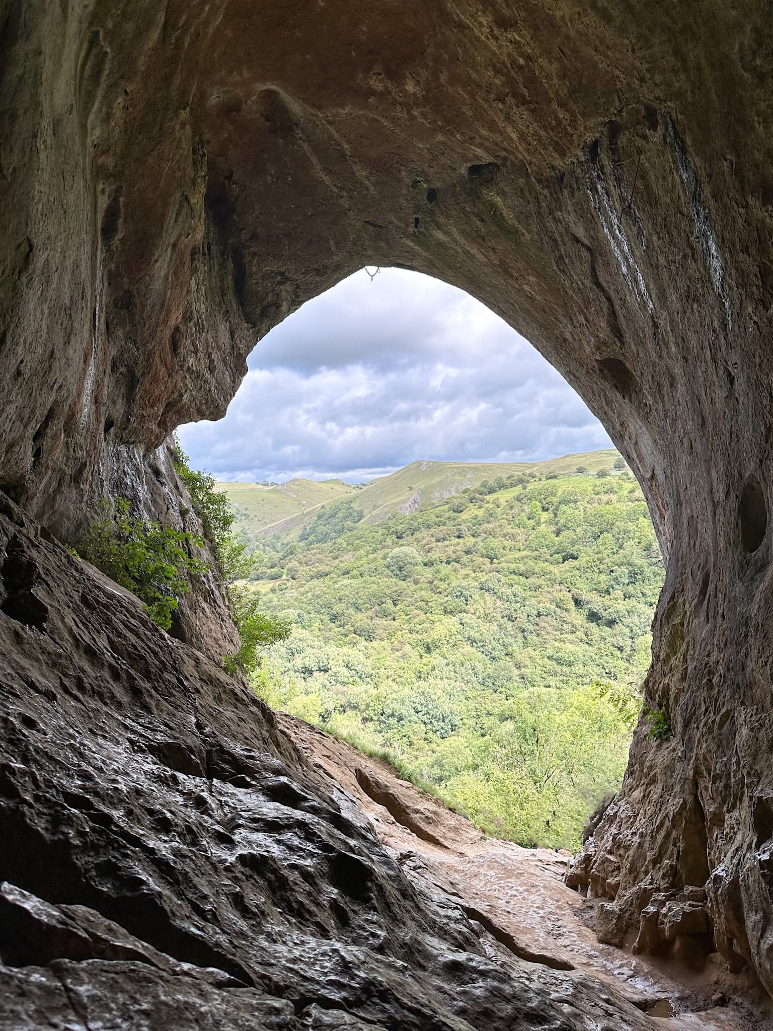A view from inside Thor's Cave looking out across the valley