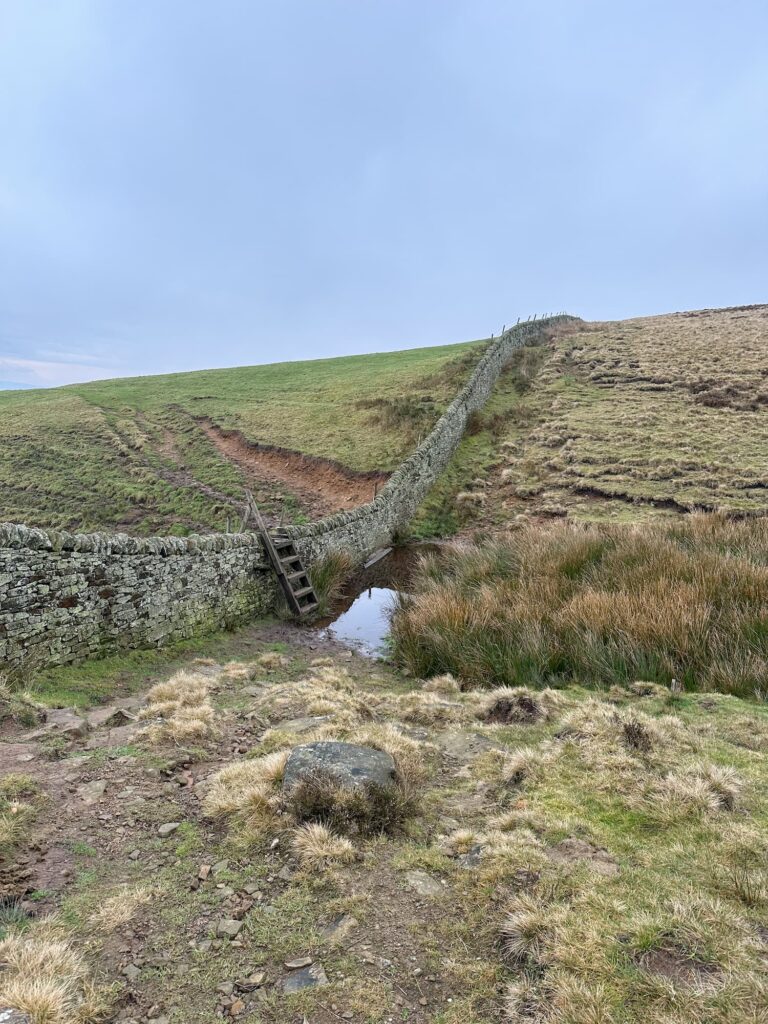 A stone wall runs across the image, with a large wooden A frame stile crossing it. There is a huge puddle or pond at the foot of the stile.