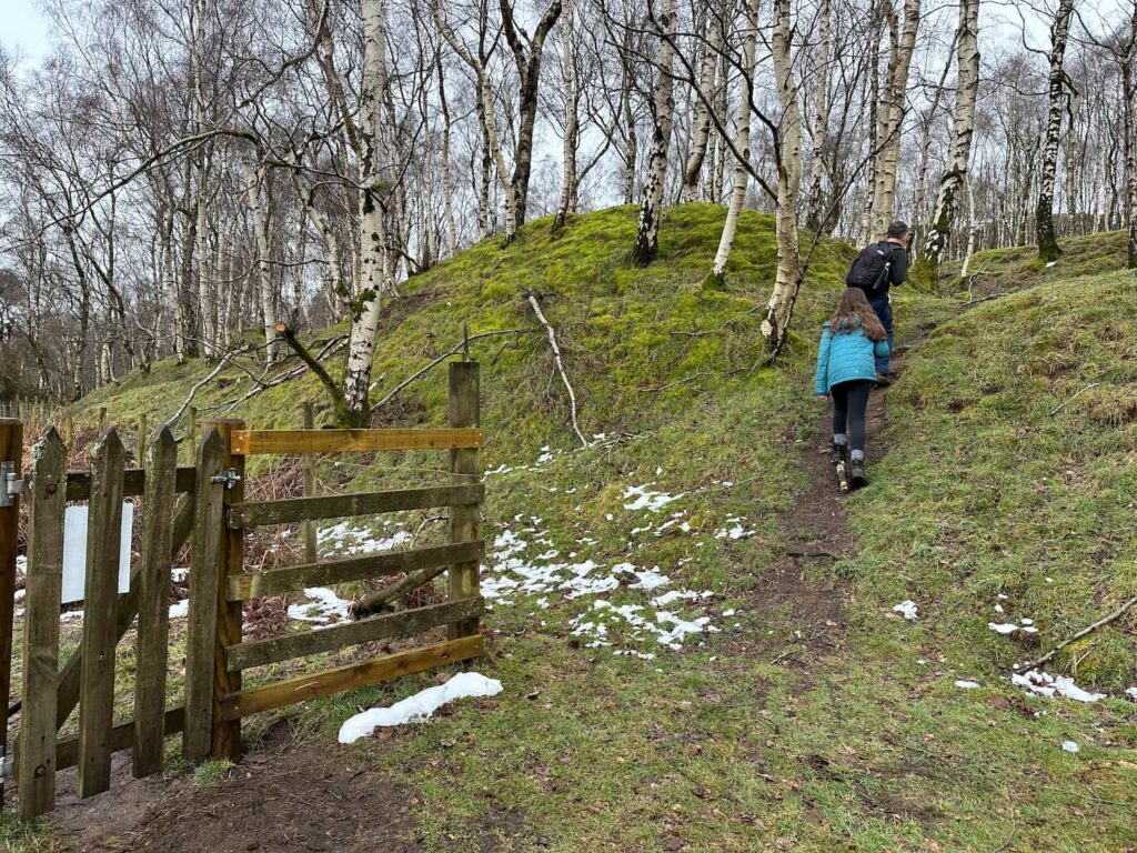 A wooden gate in the foreground with a man and his daughter climbing up a hillside to the right