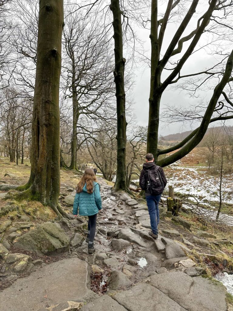 A man and his daughter walking through some woodland