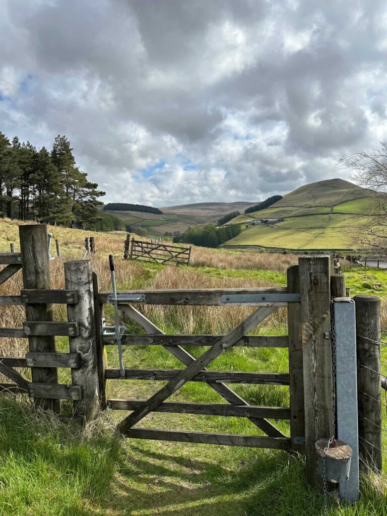 A wooden gate with a view of a conical shaped hill beyond
