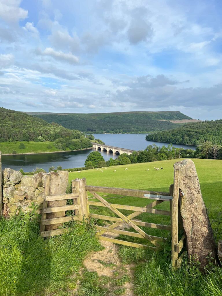 A wooden gate in the foreground with Ladybower Reservoir in the background