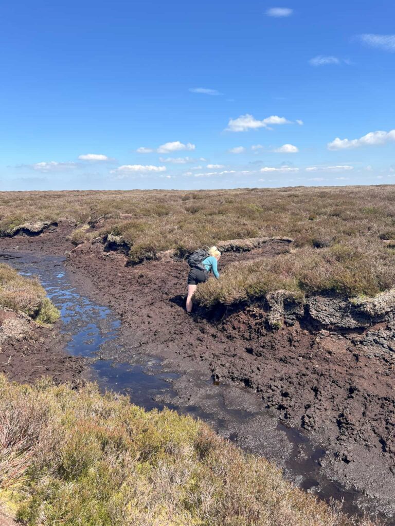 A woman pulling herself out of a peat bog