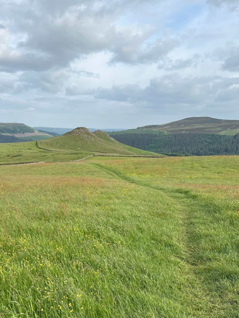 A view across fields to Crook Hill, a twin-peaked hill