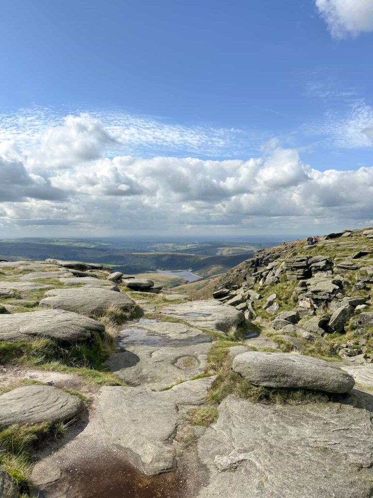 A view from the top of the River Kinder / Kinder Downfall waterfall to Kinder Reservoir