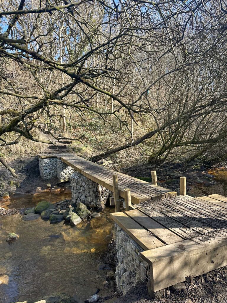 A wooden bridge over a stream