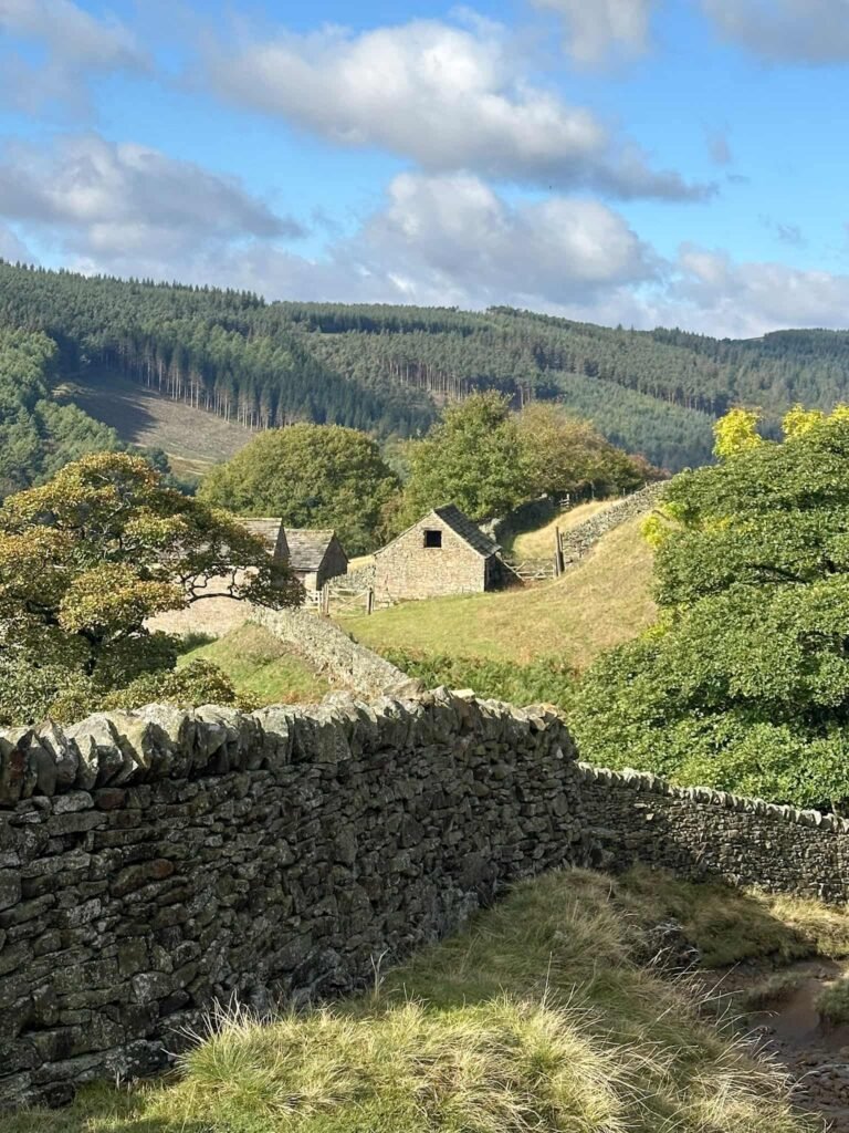 A view of some old stone barns with countryside beyond