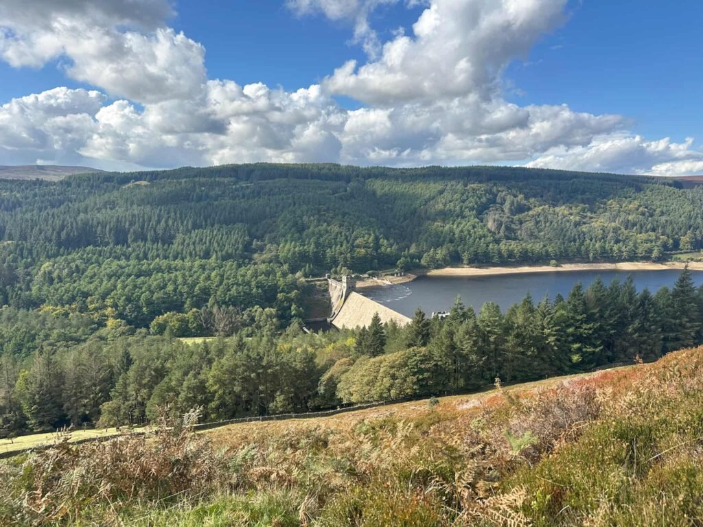 A view of Derwent Dam from the hillside above it.