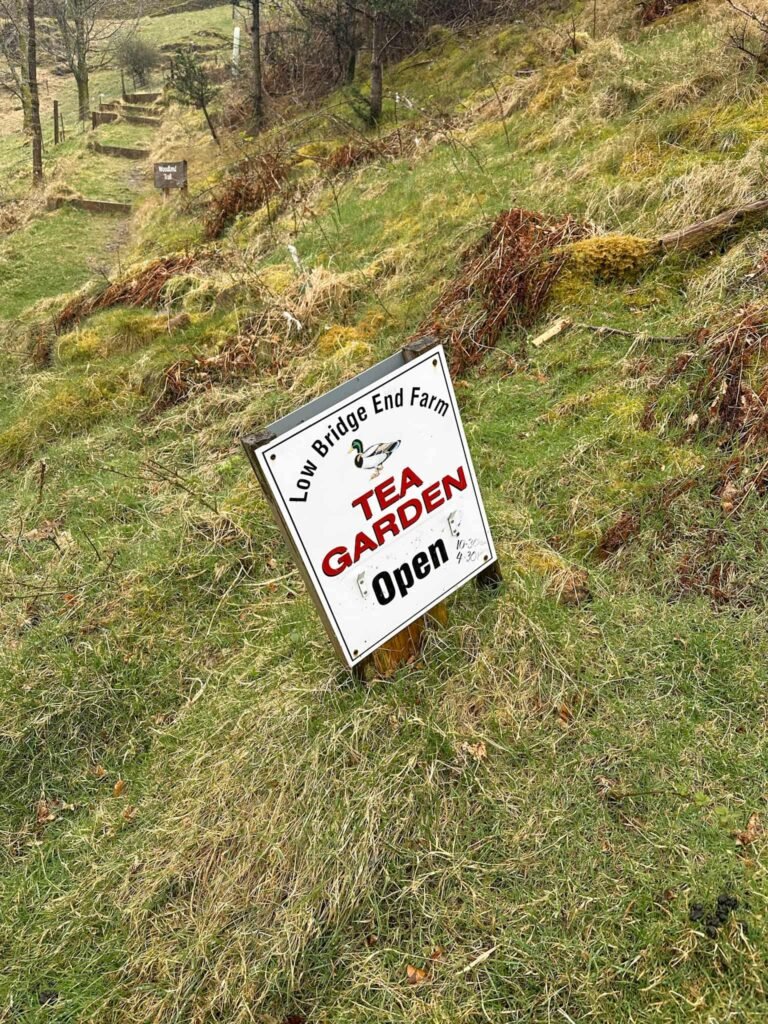A sign for Low Bridge End Farm Tea Gardens