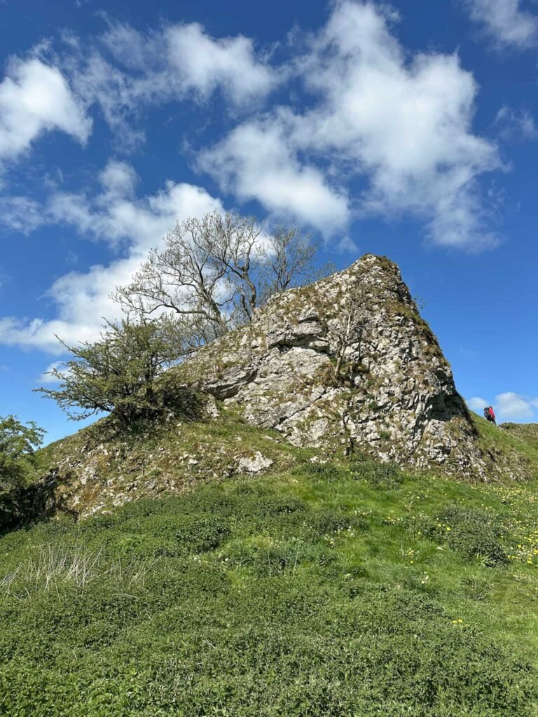 A large limestone outcrop, once part of Pilsbury Castle