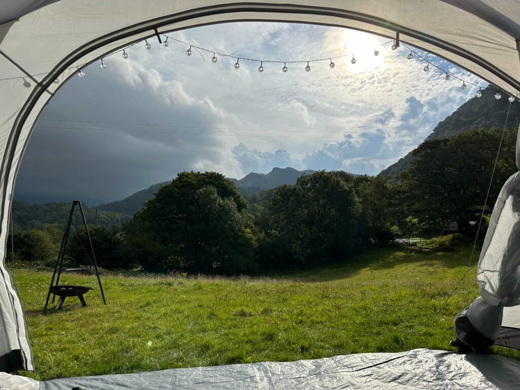 Views of mountains from inside a tent
