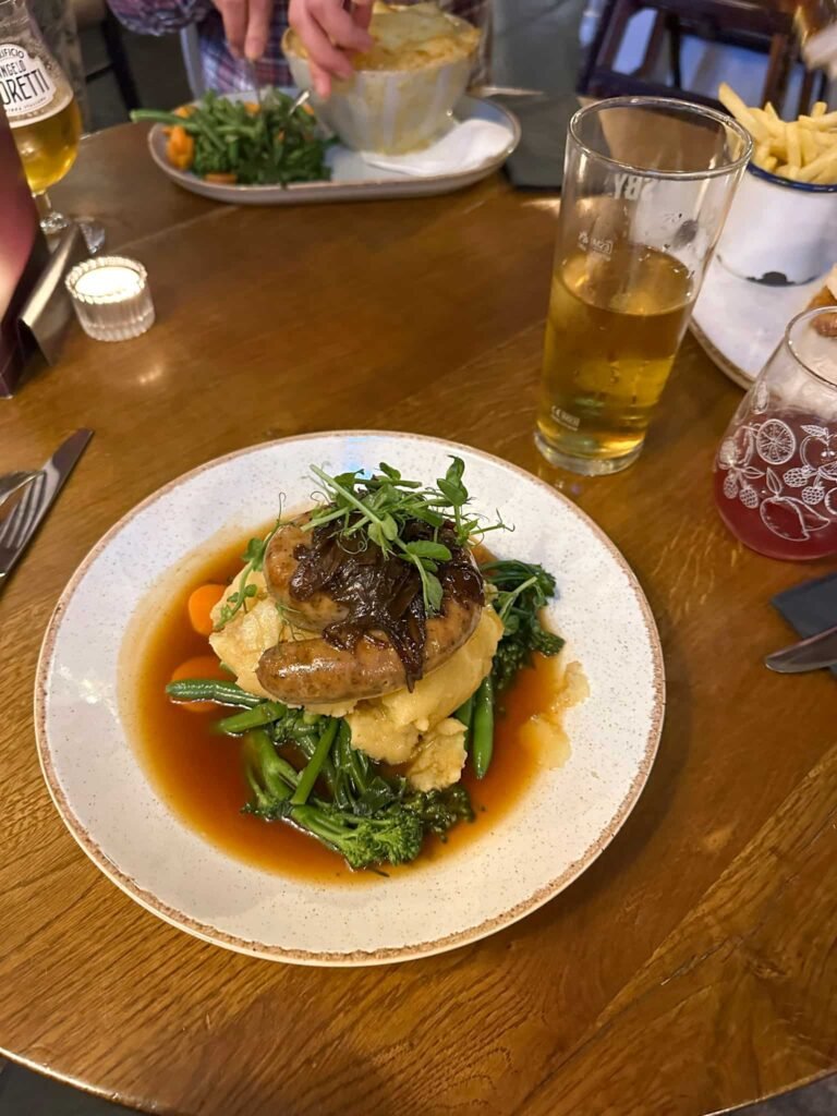 Sausage and mash at the Horse and Farrier, Threlkeld