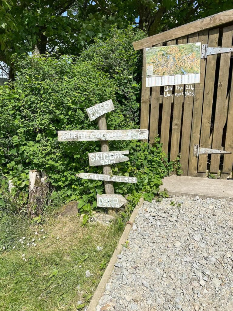 A signpost at Kestrel Lodge giving the heights of surrounding Wainwrights