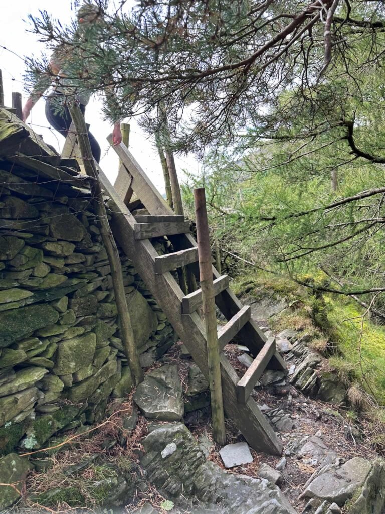A wooden ladder stile on Castle Crag