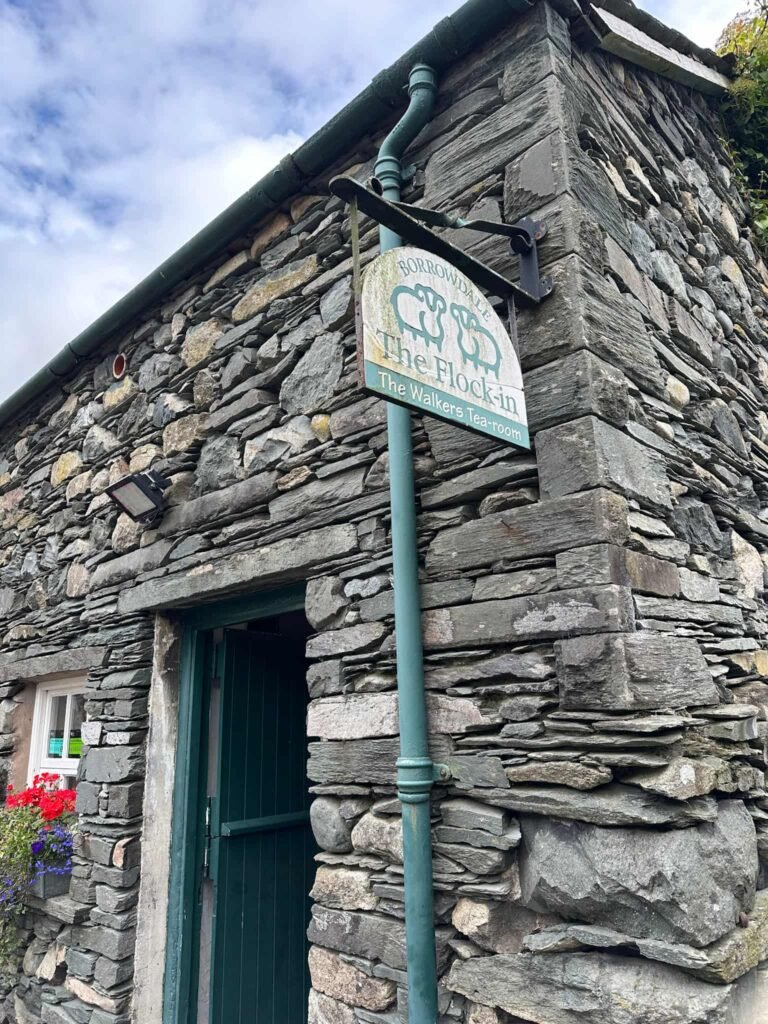 Sign for The Flock-in tea rooms in Borrowdale