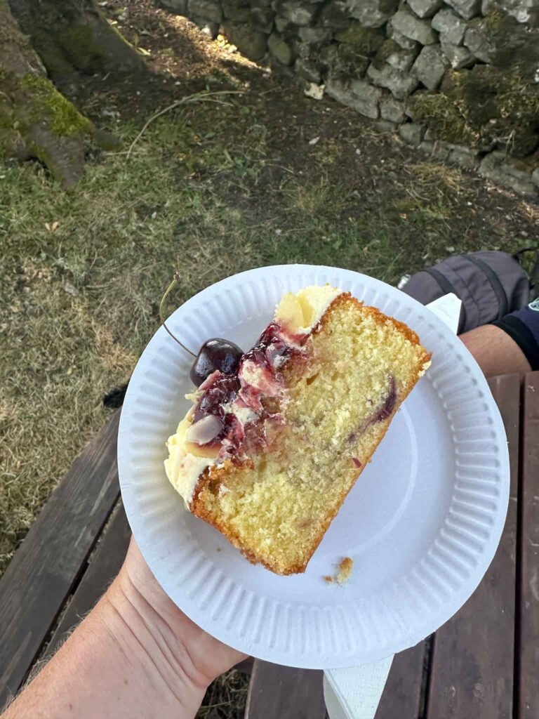 A slab of cherry and almond cake from Frank's Cafe in Alstonefield