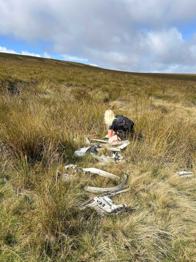 A woman looking at some plane wreckage