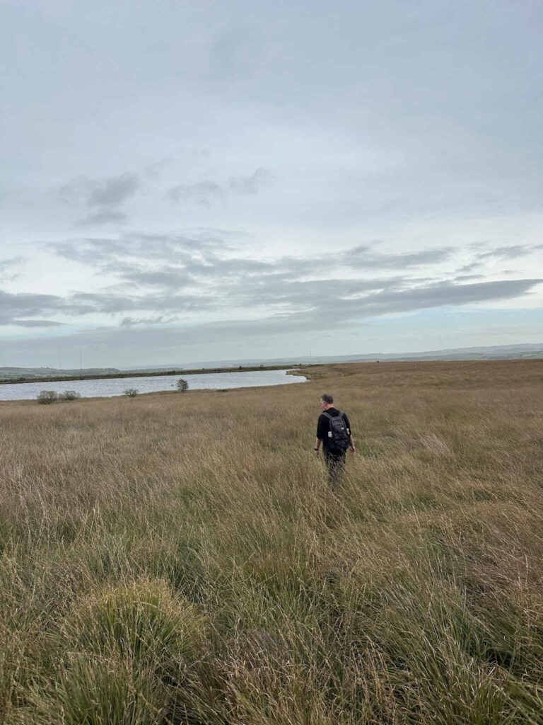 A man walking through high tussocky grass